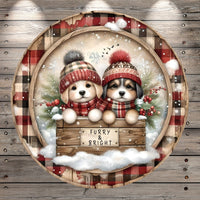 Christmas Puppies, Furry & Bright, Woodland, Winter, Round, Light Weight, Metal, Wreath Sign, No Holes In Sign