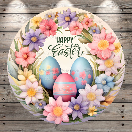 Happy Easter, Easter Eggs, Floral Wreath, Light Weight, Metal Wreath Sign, Round, With No Holes