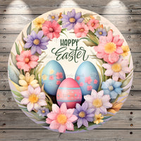 Happy Easter, Easter Eggs, Floral Wreath, Light Weight, Metal Wreath Sign, Round, With No Holes