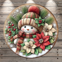 Snowman, Red, Green, Plaid, Poinsettias, Faux 3D, Winter, Round, Light Weight, Metal, Wreath Sign, No Holes In Sign