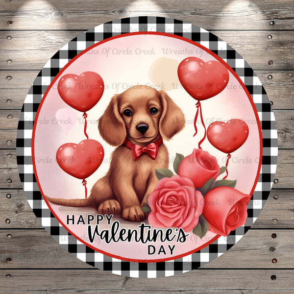 Happy Valentine’s Day, Dog with Red Bow Tie, Hearts and Roses, Plaid, Plaid, Wreath Sign, No Holes, Round UV Coated, Metal, No Holes