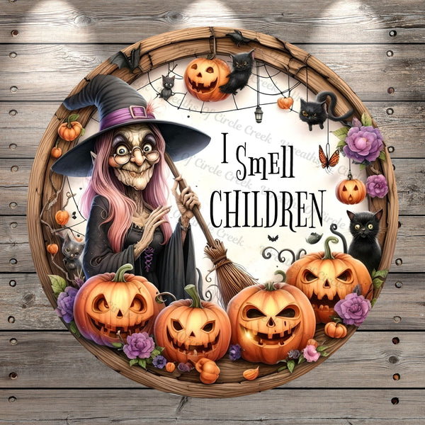 Halloween Witch, I Smell Children, Jack-O-Lantern, Halloween, Black Cat, Vintage, Fall, Rustic, Metal, Light Weight, Wreath Sign, No Holes In Sign