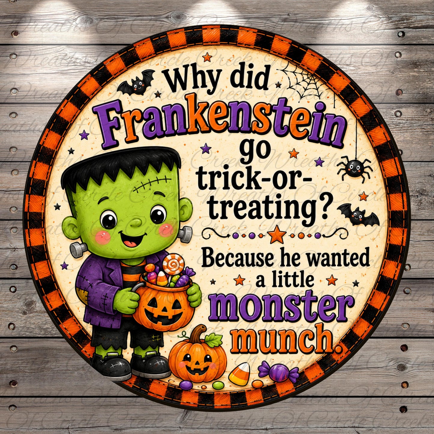 a cartoonish illustration of a green-skinned, purple-clad Frankenstein monster holding a bag of candy, with Halloween-themed decorations such as bats, a spider, and a pumpkin. The text on the image reads, "Why did Frankenstein go trick-or-treating? Because he wanted a little monster munch."