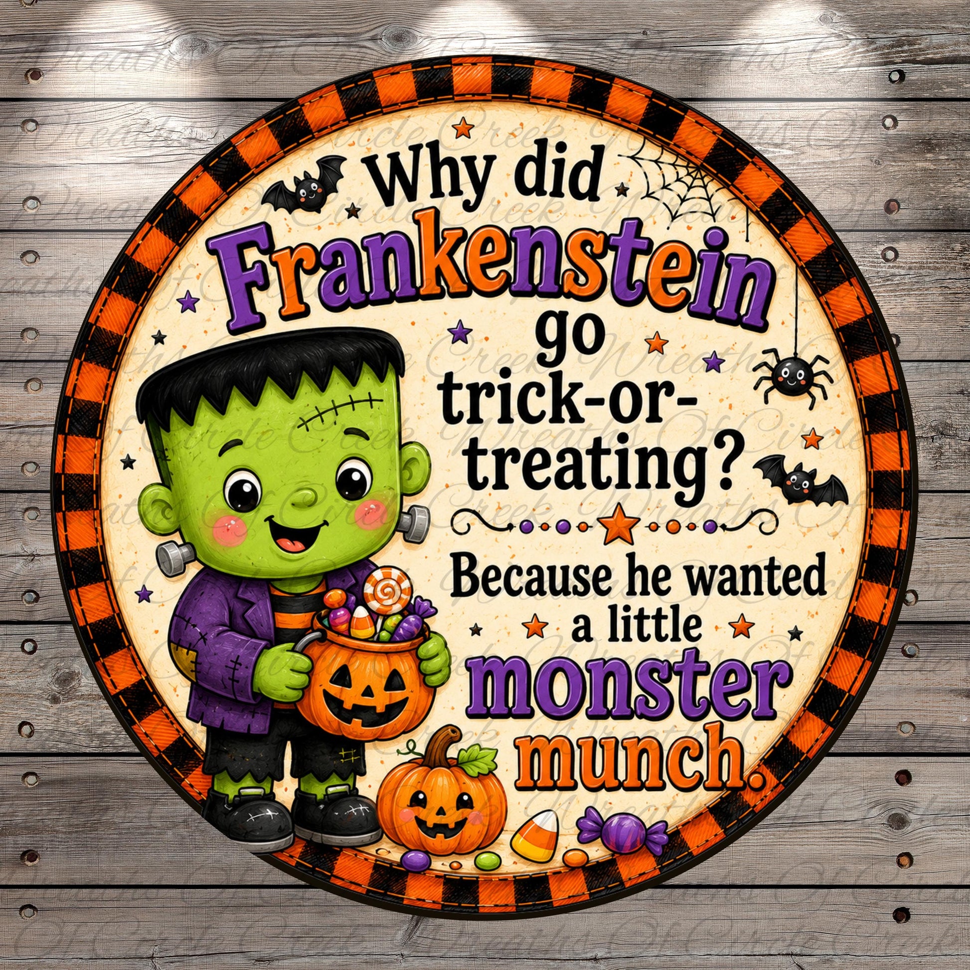 a cartoonish illustration of a green-skinned, purple-clad Frankenstein monster holding a bag of candy, with Halloween-themed decorations such as bats, a spider, and a pumpkin. The text on the image reads, "Why did Frankenstein go trick-or-treating? Because he wanted a little monster munch."