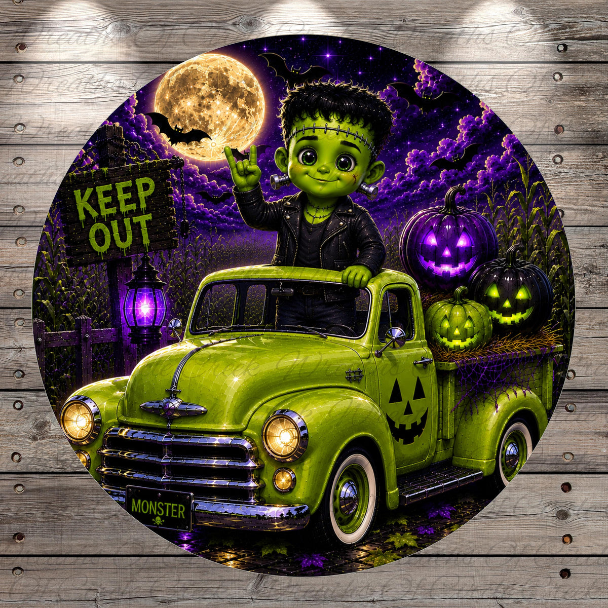 A spooky Halloween scene featuring a green truck with a jack-o-lantern and a young girl with green skin, all set against a dark purple night sky with a full moon.