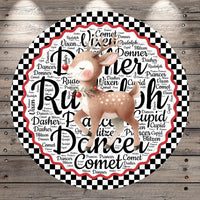 a deer with a bow on its head, surrounded by a circular arrangement of the names of various Christmas characters.
