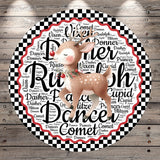 a deer with a bow on its head, surrounded by a circular arrangement of the names of various Christmas characters.