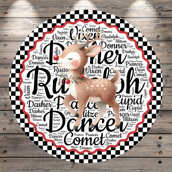 a deer with a bow on its head, surrounded by a circular arrangement of the names of various Christmas characters.
