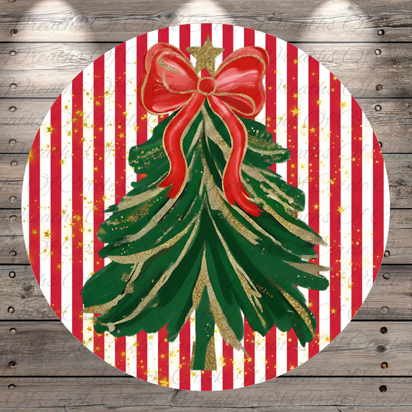 A festive Christmas tree decoration with a red bow and gold glitter accents, set against a background of red and white striped patterns.