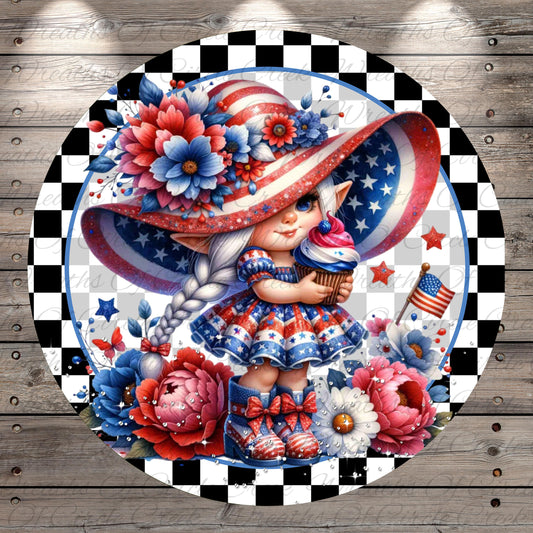 A whimsical illustration of a young girl wearing a large hat decorated with flowers and stars, holding a cupcake, surrounded by colorful flowers and a patriotic flag.