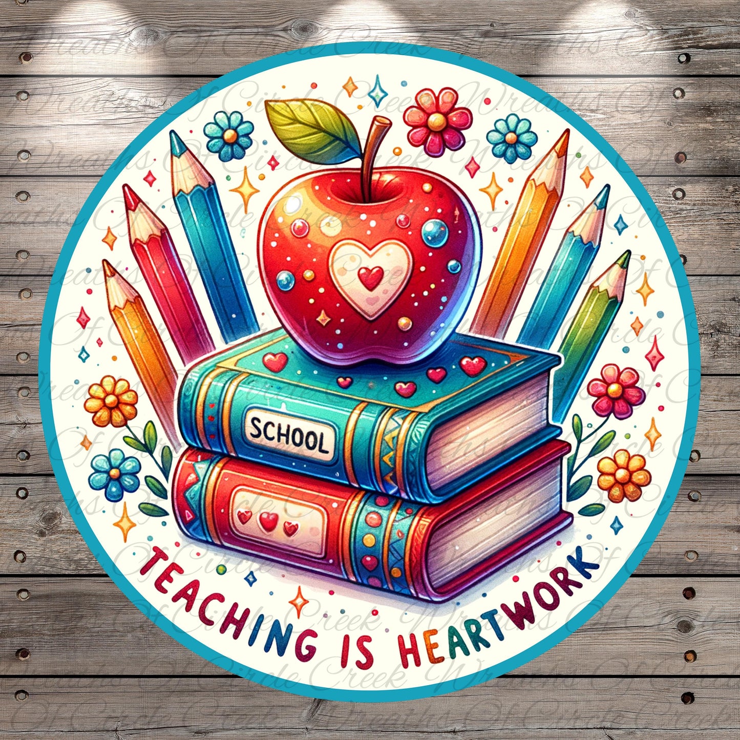 a plate with a picture of an apple on top of books