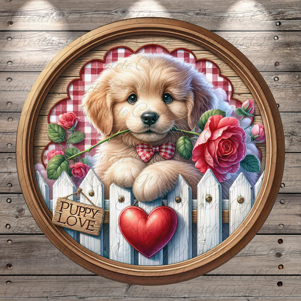 A cute golden retriever puppy is sitting in front of a white picket fence, holding a rose in its mouth, with a heart-shaped sign that says "Puppy Love" and a red heart below it.