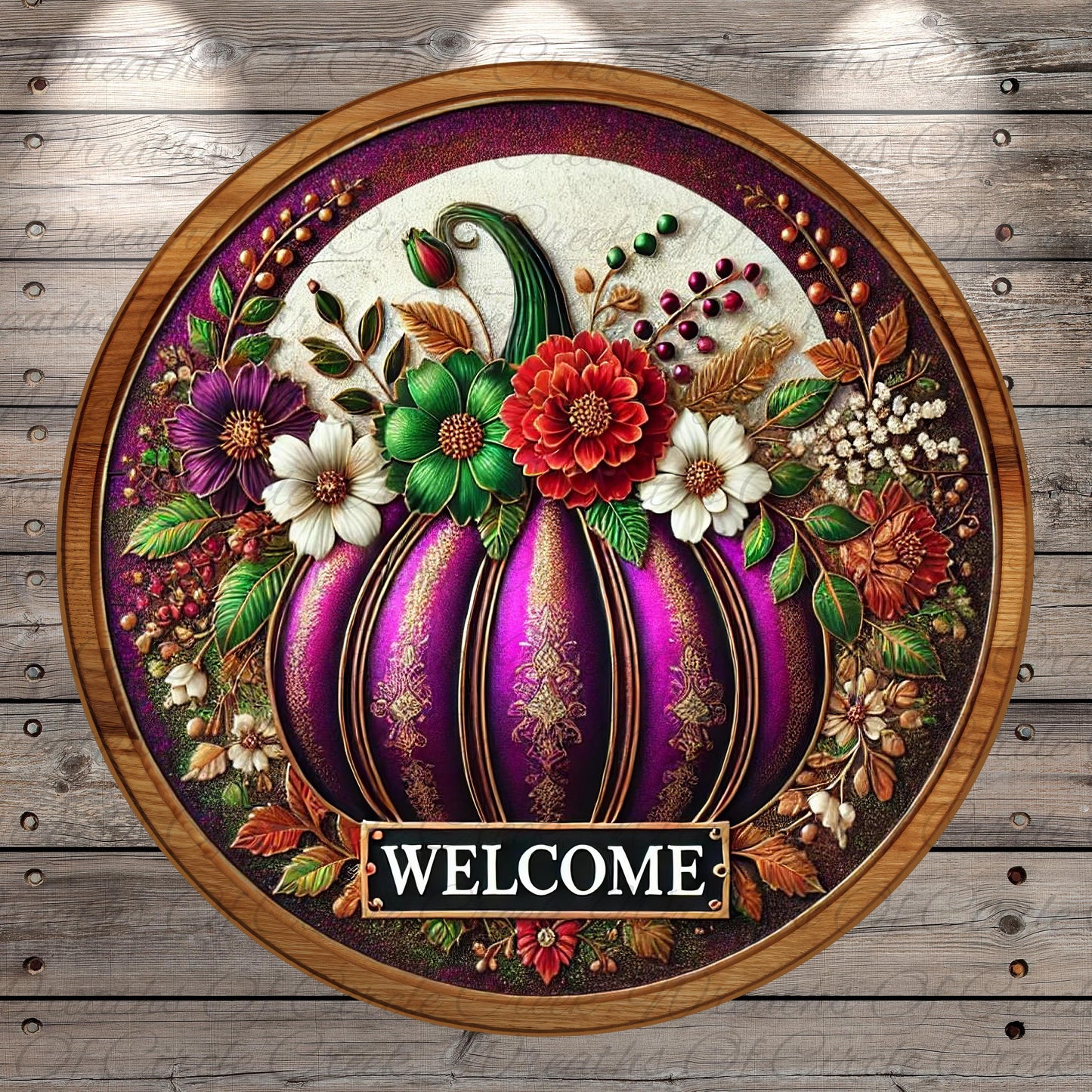 a decorative round sign with a purple pumpkin at the center, surrounded by a variety of colorful flowers and leaves. The sign has the word "WELCOME" written on it.