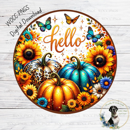 The image is a vibrant and colorful digital illustration featuring a circular arrangement of pumpkins, sunflowers, and butterflies. The pumpkins are painted in shades of orange and blue, while the sunflowers are in shades of yellow and orange. Butterflies are scattered throughout the scene, adding a sense of movement and life to the composition. The word "Hello" is prominently displayed in the center of the image, surrounded by the various elements.