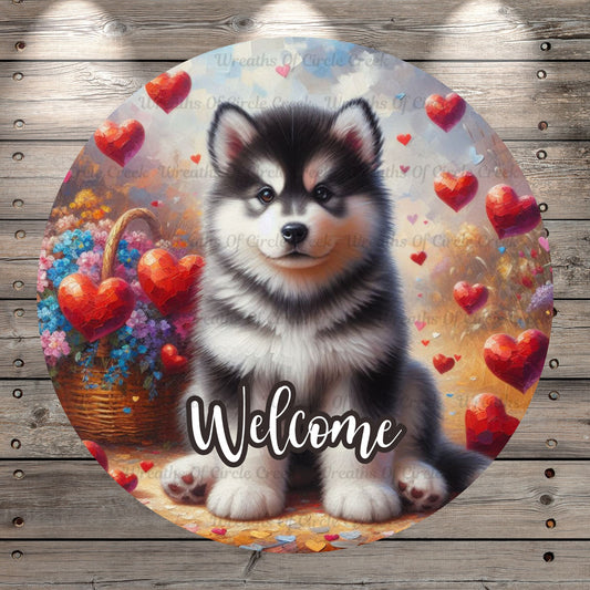 Alaskan Malamute Puppy, Hearts, Valentines, Florals, Whimsical, Round, Light Weight, Metal Wreath Sign, No HolesCoated