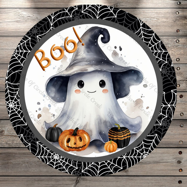 Boo Ghost With Jack-O-Lanterns, Halloween Party, Spider Web, Border, Round UV Coated, Metal Sign, No Holes