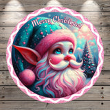 Pink And Blue, Santa Elf, Merry Christmas, Pink Glitter Border, Round, Light Weight, Metal, Wreath Sign, No Holes In Sign