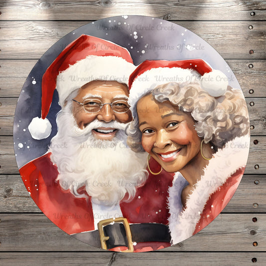 African American, Santa Clause and Mrs. Clause, Christmas, Round, Light Weight, Metal Wreath Sign, No Holes In Sign