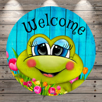 Cute Frog Face, Welcome, Tulips, Round Light Weight, Metal Wreath Sign, No Holes