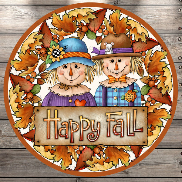 Happy Fall, Scarecrows, Fall Leaves, Autumn, Round UV Coated, Metal Sign, No Holes