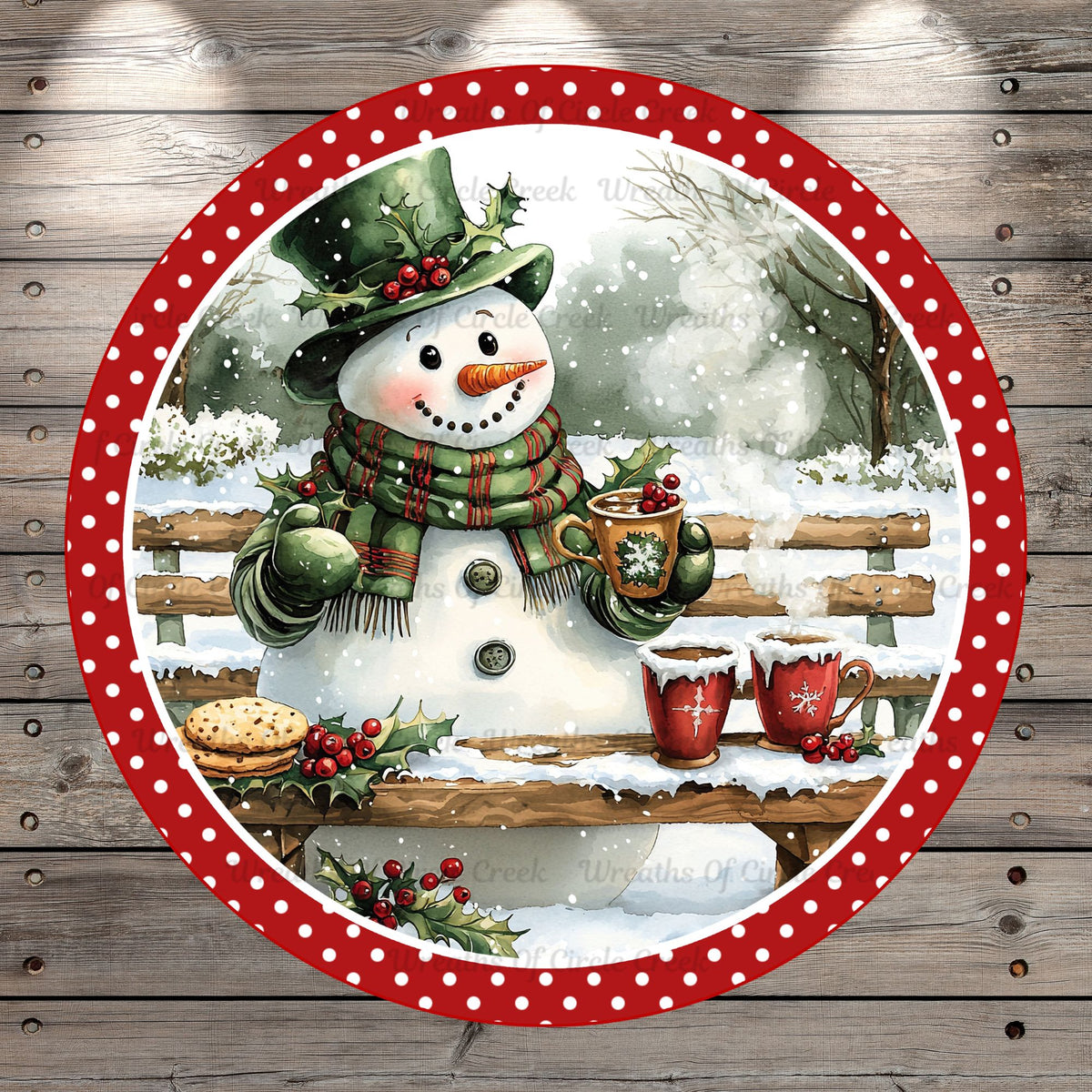 Warm Up Here, Hot Cocoa, Snowman, Round, Light Weight, Metal, Wreath Sign, No Holes In Sign