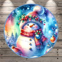 Whimsical Snowman, North Pole, Round, Light Weight, Metal, Wreath Sign, No Holes In Sign