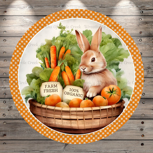 Bunny, Carrots, Fresh Farm, Orange, Spring, Light Weight, Metal Wreath Sign, Round, With No Holes