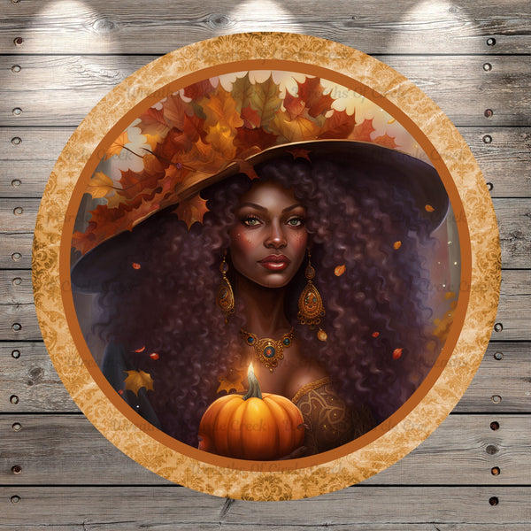 Mystical, Fall, African American, Witch, Black Hat, Fall Leaves, Pumpkin, Round UV Coated, Metal Sign, No Holes