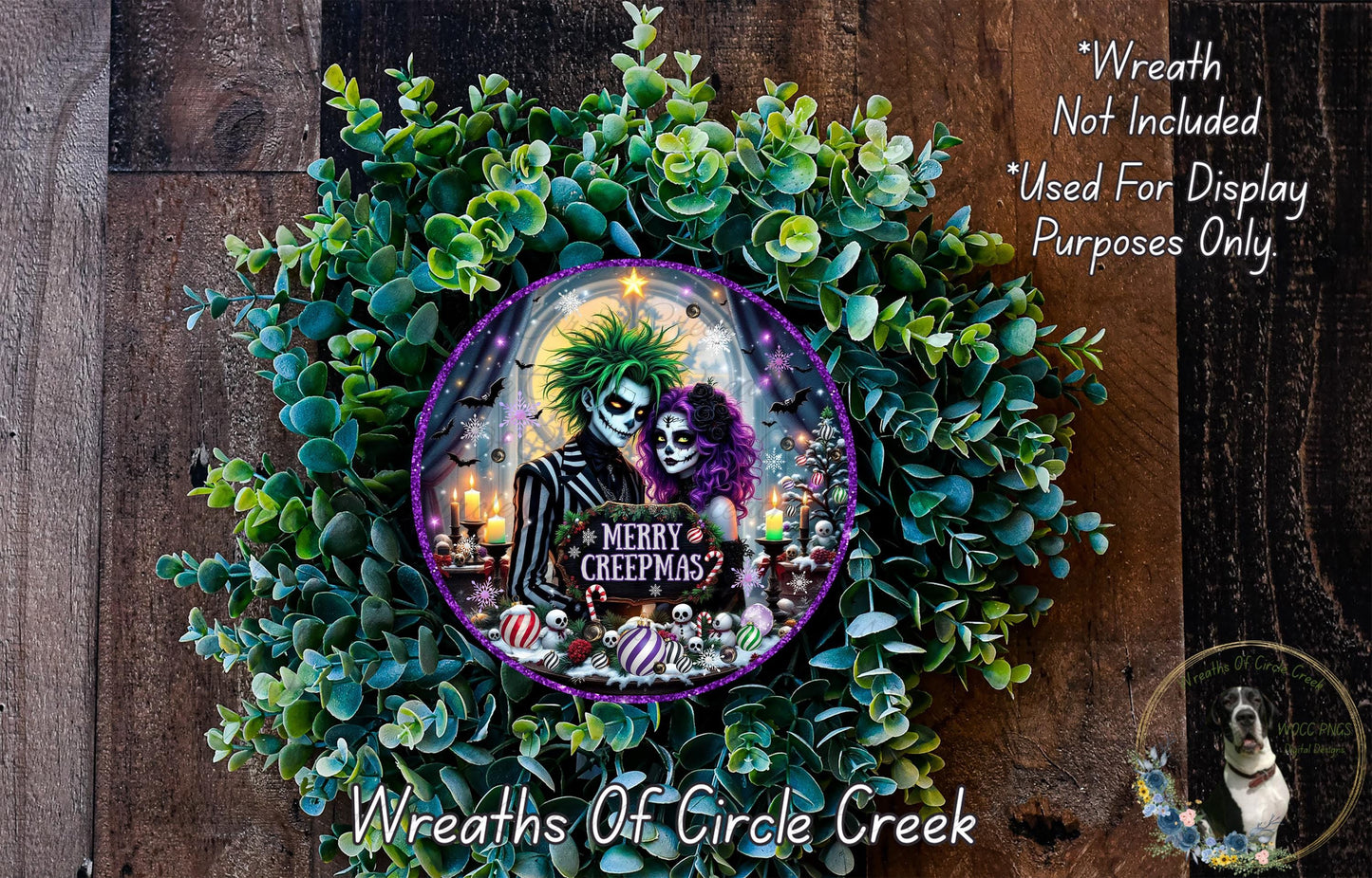 A wreath made of green leaves and flowers, with a purple border and a central image depicting two people dressed as skeleton characters. The wreath is labeled "Merry Creepmas?" and is described as a "Wreath of Circle Creek" and "Wreaths of Circle Creek".