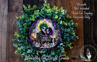 A wreath made of green leaves and flowers, with a purple border and a central image depicting two people dressed as skeleton characters. The wreath is labeled "Merry Creepmas?" and is described as a "Wreath of Circle Creek" and "Wreaths of Circle Creek".