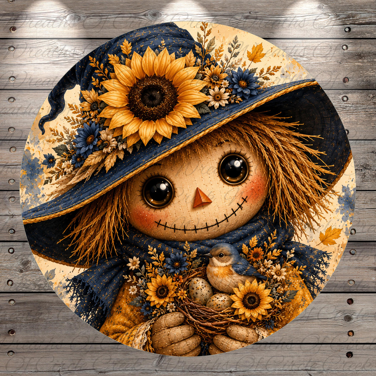 A whimsical illustration of a scarecrow or rag doll adorned with a sunflower hat, holding a basket of flowers and a bird.