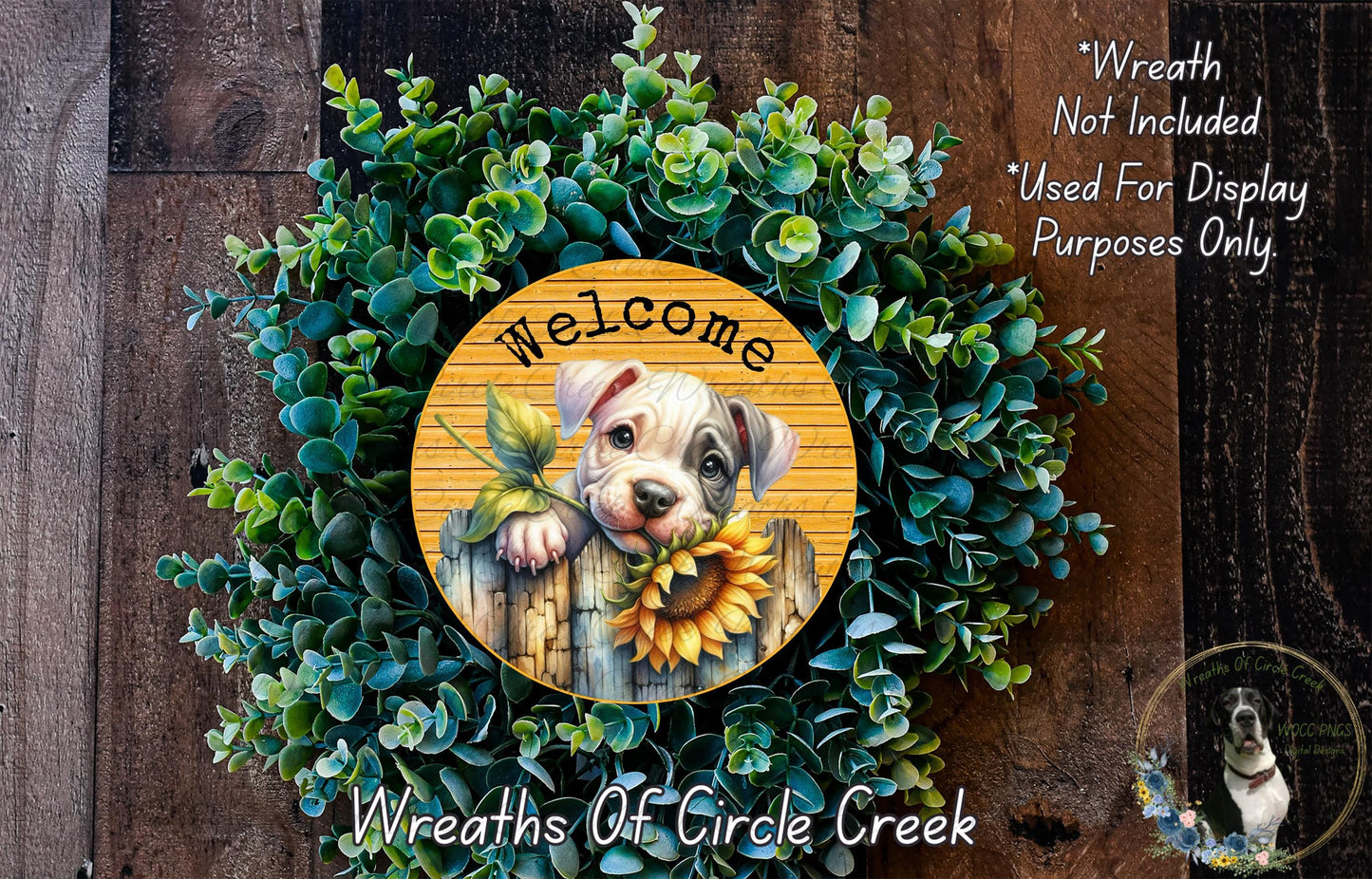 Welcome Pitbull Puppy with Sunflower Sign | Lightweight Metal Wreath Sign | Cute Dog Porch Decor | No Holes in Sign