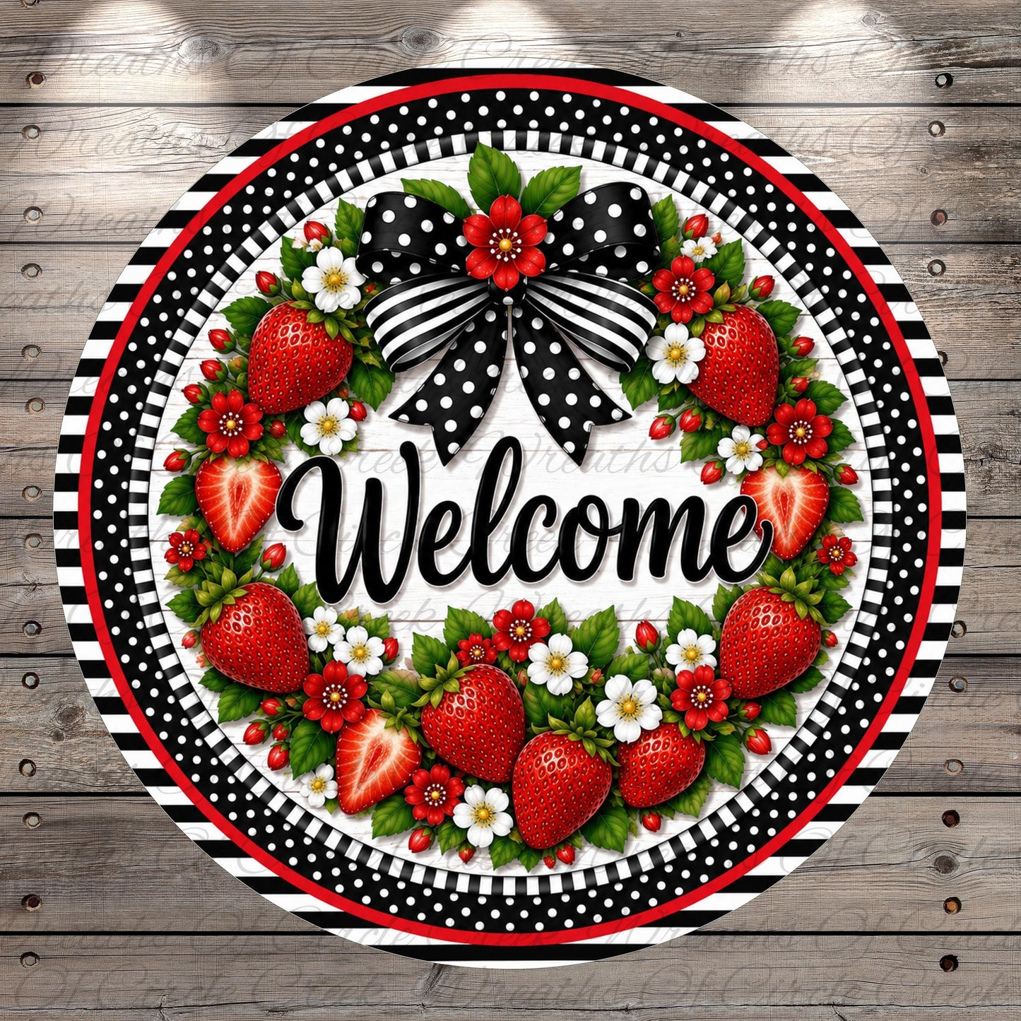 A decorative wreath with a welcoming message, surrounded by red and white flowers and strawberries, is displayed on a wooden background.