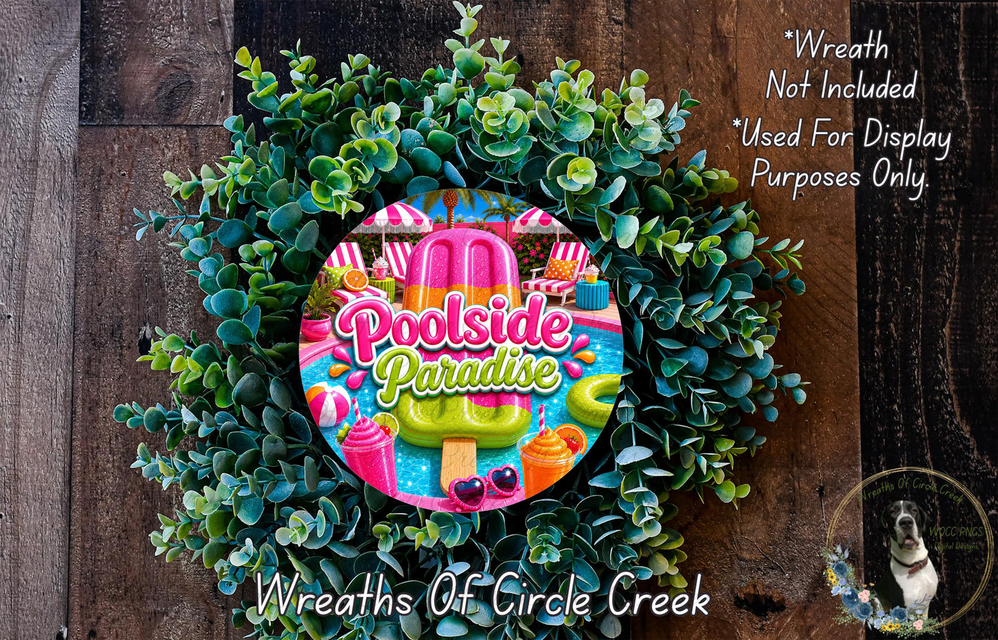 A wreath made of green leaves and colorful illustrations of a poolside, with the text "Poolside Paradise" prominently displayed.
