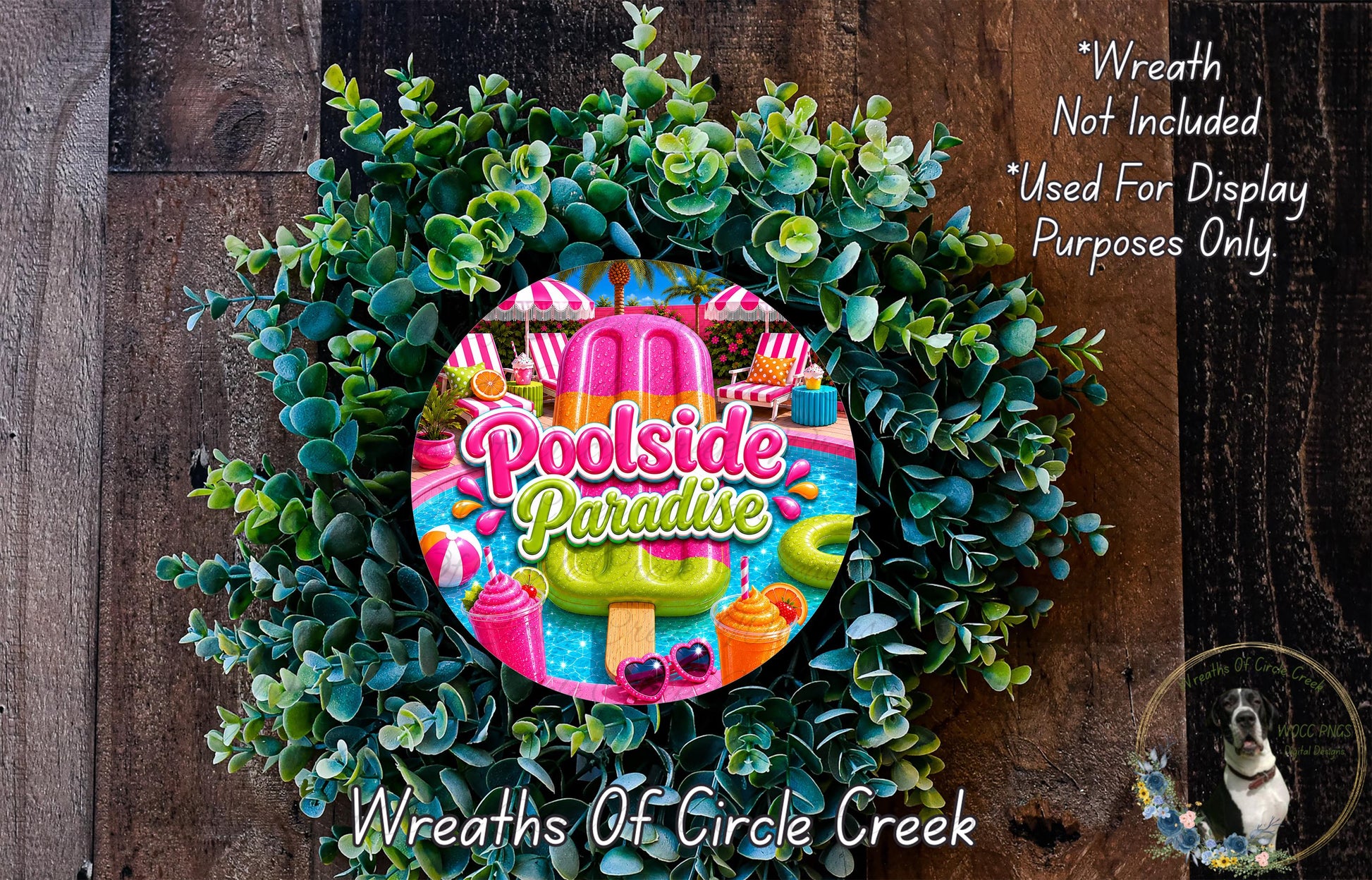 A wreath made of green leaves and colorful illustrations of a poolside, with the text "Poolside Paradise" prominently displayed.