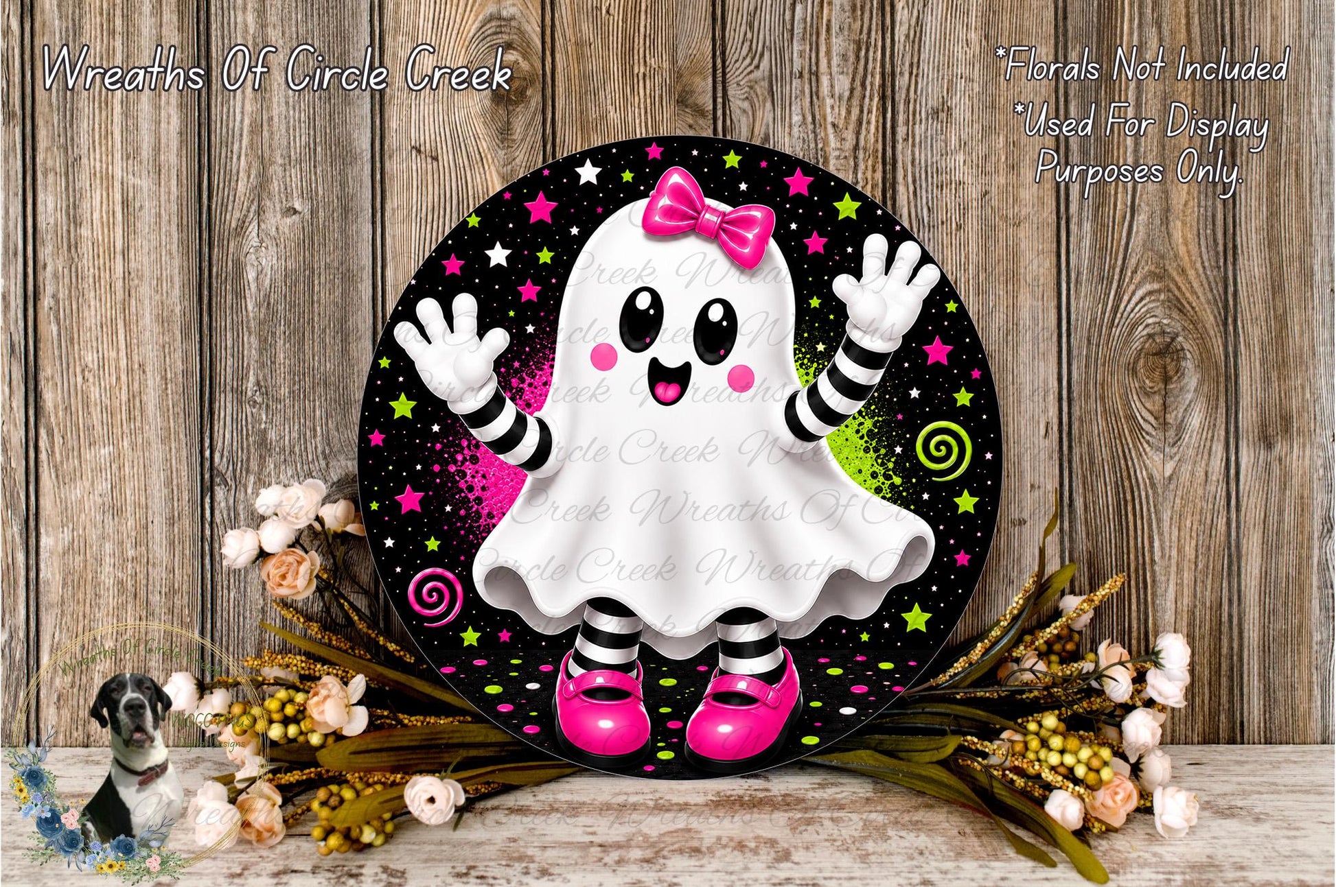 A whimsical, ghost-like character with a pink bow and striped pants stands on a wooden surface, surrounded by flowers and a wooden background.