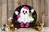A whimsical, ghost-like character with a pink bow and striped pants stands on a wooden surface, surrounded by flowers and a wooden background.