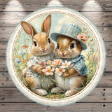 A charming illustration of two rabbits dressed in hats and holding flowers, set against a backdrop of a lush, colorful garden.