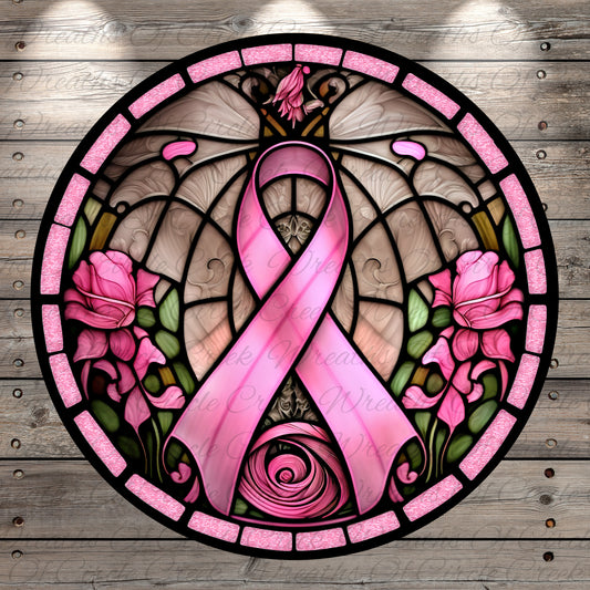 Breast Cancer Ribbon Faux Stained Glass Print Aluminum Metal Wreath Sign (Lightweight, No Holes)