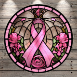 Breast Cancer Ribbon Faux Stained Glass Print Aluminum Metal Wreath Sign (Lightweight, No Holes)