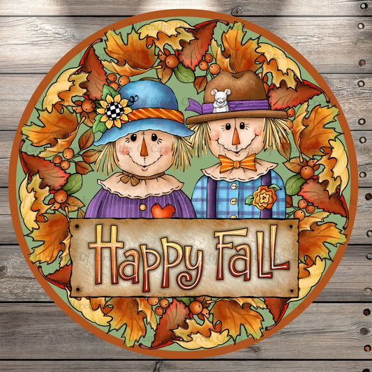 Happy Fall, Scarecrows, Fall Leaves, Autumn, Round UV Coated, Metal Sign, No Holes