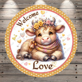 Valentine Highland Cow, Welcome, Love, Gold, Brown, Pink, Hearts Florals, Lightweight, Metal Wreath Sign, No Holes In Sign