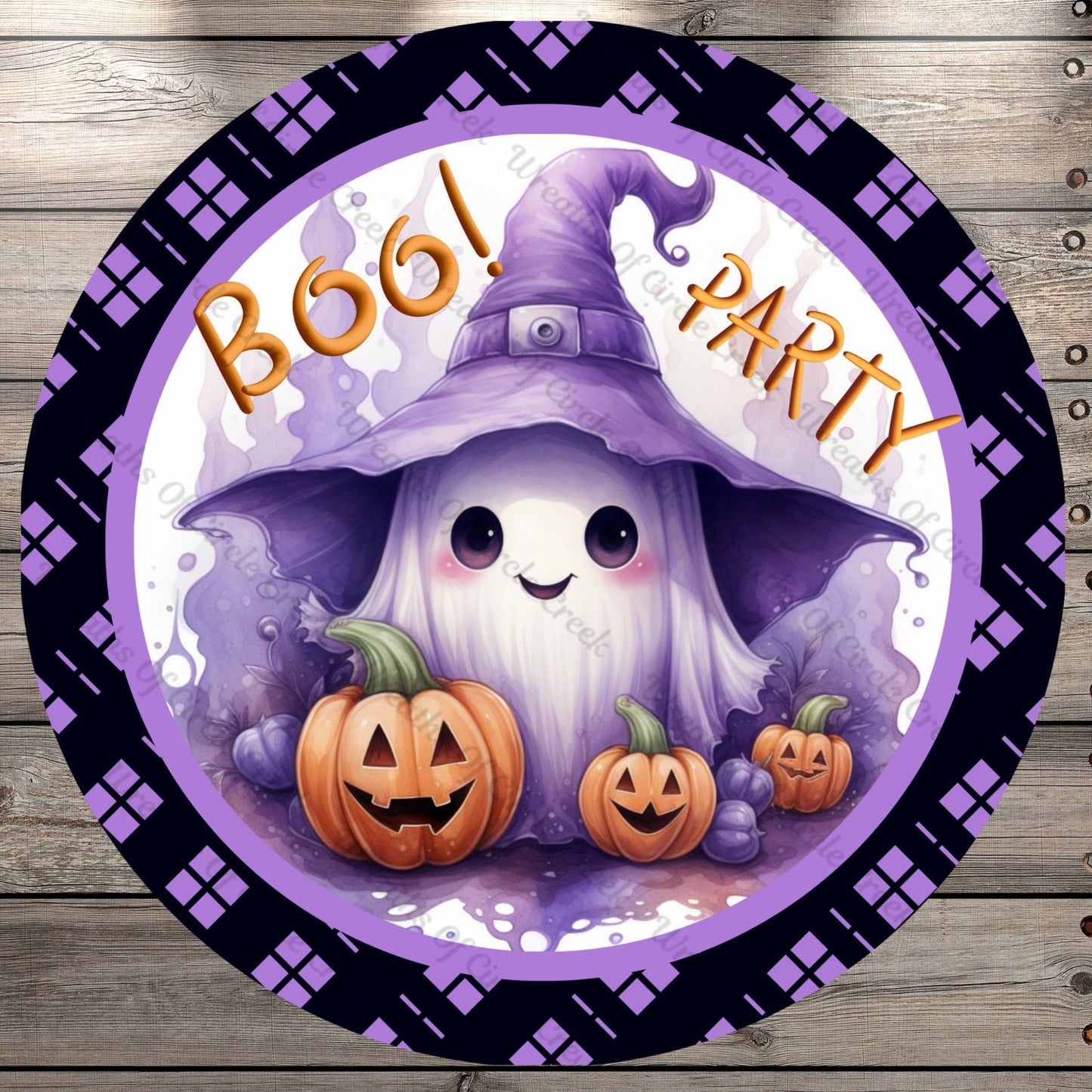 Boo Ghost With Jack-O-Lanterns, Halloween Party, Purple Plaid, Border, Round UV Coated, Metal Sign, No Holes