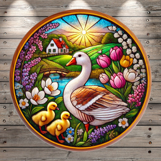 Goose with Goslings | Lightweight Round Metal Wreath Sign | Farmhouse Spring Tulips | Faux Stained Glass & Wood Effect | No Holes In Sign