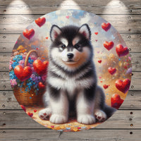 Alaskan Malamute Puppy, Hearts, Valentines, Florals, Whimsical, Round, Light Weight, Metal Wreath Sign, No HolesCoated