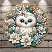 Winter Owl, White And Blues, Poinsettias, Woodland, Winter, Round, Light Weight, Metal, Wreath Sign, No Holes In Sign