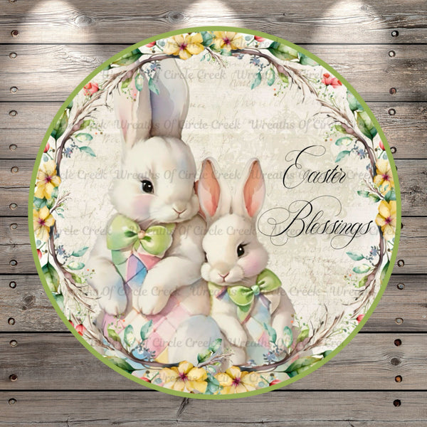 Easter Blessings, Easter Bunnies, Victorian, Florals, Spring, Round Light Weight, Metal Wreath Sign, No Holes
