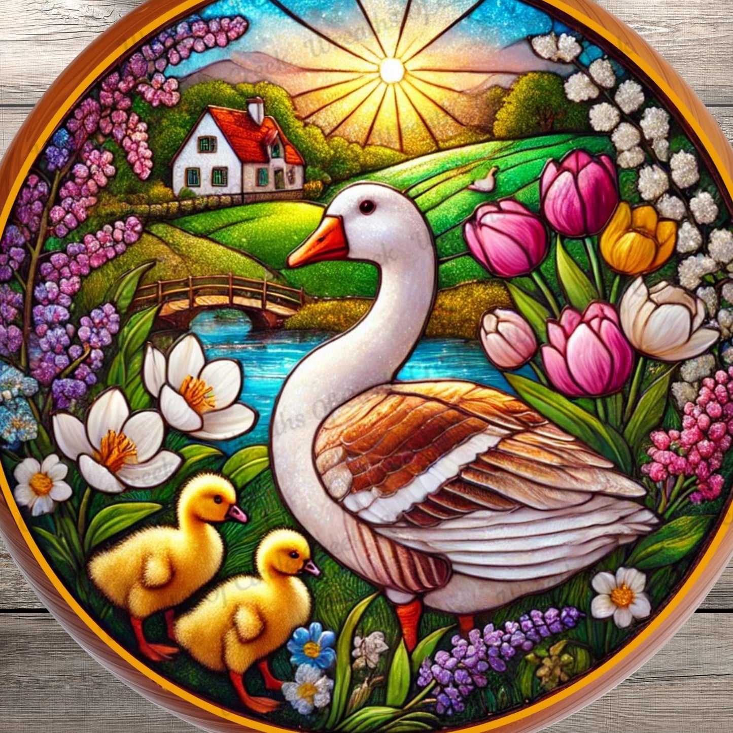 Goose with Goslings | Lightweight Round Metal Wreath Sign | Farmhouse Spring Tulips | Faux Stained Glass & Wood Effect | No Holes In Sign