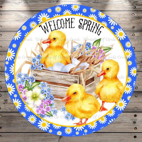 Yellow　Border,　Circle　Ducklings,　Welcome　Spring,　Daisy　Round　Wreaths　Metal,　Wreath　Si　–　Of　Creek