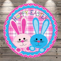 Happy Easter, Pattern Easter Bunnies, Pink, Blue, Polka Dots, Light Weight, Round Metal Wreath Sign, No Holes